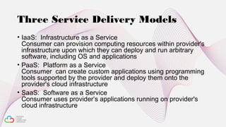 Three Service Delivery Models
• IaaS: Infrastructure as a Service
Consumer can provision computing resources within provider's
infrastructure upon which they can deploy and run arbitrary
software, including OS and applications
• PaaS: Platform as a Service
Consumer can create custom applications using programming
tools supported by the provider and deploy them onto the
provider's cloud infrastructure
• SaaS: Software as a Service
Consumer uses provider’s applications running on provider's
cloud infrastructure
 