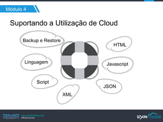 www.pmgacademy.com 
Official Course 
Módulo 4 
Suportando a Utilização de Cloud 
HTML 
Javascript 
JSON 
XML 
Script 
Linguagem 
Backup e Restore  