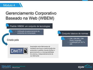 www.pmgacademy.com 
Official Course 
Módulo 4 
Gerenciamento Corporativo Baseado na Web (WBEM) 
Padrão WBEM: um conjunto de tecnologias 
•Unificação de gerenciamento de ambientes de computação 
Criada pela 
Associação entre fabricantes de hardware que busca a padronização dos protocolos e padrões visando facilitar o gerenciamento e a interoperabilidade de sistemas, independentemente do seu fabricante 
Conjunto básicos de normas 
•CIM, CIM-XML, CIM Query Language 
•Localização por SLP e URI  