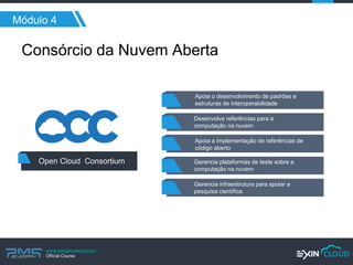 www.pmgacademy.com 
Official Course 
Módulo 4 
Consórcio da Nuvem Aberta 
Open Cloud Consortium 
Apoia o desenvolvimento de padrões e estruturas de interoperabilidade 
Desenvolve referências para a computação na nuvem 
Apoia a implementação de referências de código aberto 
Gerencia plataformas de teste sobre a computação na nuvem 
Gerencia infraestrutura para apoiar a pesquisa científica  