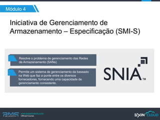 www.pmgacademy.com 
Official Course 
Módulo 4 
Iniciativa de Gerenciamento de Armazenamento – Especificação (SMI-S) 
Resolve o problema de gerenciamento das Redes de Armazenamento (SANs) 
Permite um sistema de gerenciamento da baseado na Web que faz a ponte entre os diversos fornecedores, fornecendo uma capacidade de gerenciamento consistente.  