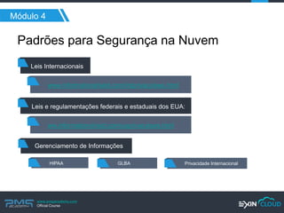 www.pmgacademy.com 
Official Course 
Módulo 4 
Padrões para Segurança na Nuvem 
Leis Internacionais 
www.informationshield.com/intprivacylaws.html 
Leis e regulamentações federais e estaduais dos EUA: 
ww.informationshield.com/usprivacylaws.html 
Gerenciamento de Informações 
HIPAA 
GLBA 
Privacidade Internacional  