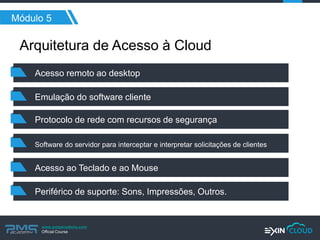 www.pmgacademy.com 
Official Course 
Módulo 5 
Arquitetura de Acesso à Cloud 
Acesso remoto ao desktop 
Emulação do software cliente 
Protocolo de rede com recursos de segurança 
Software do servidor para interceptar e interpretar solicitações de clientes 
Acesso ao Teclado e ao Mouse 
Periférico de suporte: Sons, Impressões, Outros.  
