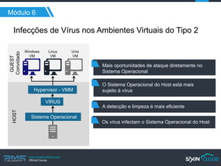 www.pmgacademy.com 
Official Course 
Sistema Operacional 
Módulo 6 
Infecções de Vírus nos Ambientes Virtuais do Tipo 2 
Hypervisor - VMM 
VÍRUS 
Mais oportunidades de ataque diretamente no Sistema Operacional do Host 
Um vírus no setor de inicialização pode ser fatal 
O Sistema Operacional do Host está mais sujeito à vírus 
A detecção e limpeza é mais eficiente 
Os vírus infectam o Sistema Operacional do Host 
Windows VM 
Linux VM 
Unix VM 
GUEST Convidado 
HOST  