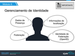 www.pmgacademy.com 
Official Course 
Gerenciamento de Identidade 
Módulo 6 
Dados de Presença 
Informações de localização 
Federação 
Identidade de Federação (OpenID) 
IMPORTANTE  