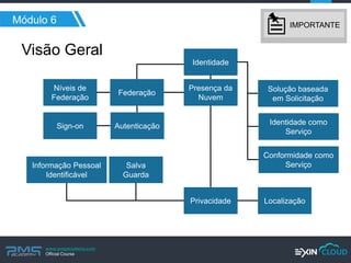 www.pmgacademy.com 
Official Course 
Visão Geral 
Módulo 6 
Identidade 
Presença da Nuvem 
Solução baseada em Solicitação 
Identidade como Serviço 
Conformidade como Serviço 
Localização 
Salva Guarda 
Privacidade 
Informação Pessoal Identificável 
Federação 
Níveis de Federação 
Sign-on 
Autenticação 
IMPORTANTE  