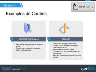 www.pmgacademy.com 
Official Course 
Exemplos de Cartões 
Módulo 6 
IMPORTANTE 
Microsoft CardSpace 
OpenID 
•Mais flexível do que nome de usuário e senha 
•Experiência consistente de usuário 
•Dados criptografados 
•Emergente, usada por: Microsoft, Google, Yahoo, Blogger, WordPress, Flickr, Myspace, etc. 
•Rápido registro de uma conta 
•Controla como são compartilhadas as informações 
•Não há a necessidade de se lembrar de senhas  