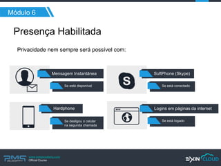 www.pmgacademy.com 
Official Course 
Módulo 6 
Presença Habilitada 
Privacidade nem sempre será possível com: 
Mensagem Instantânea 
Hardphone 
SoftPhone (Skype) 
Logins em páginas da internet 
Se desligou o celular na segunda chamada 
Se está disponível 
Se está conectado 
Se está logado  