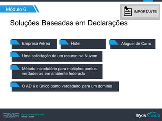 www.pmgacademy.com 
Official Course 
Módulo 6 
Soluções Baseadas em Declarações 
Empresa Aérea 
Hotel 
Aluguel de Carro 
Uma solicitação de um recurso na Nuvem 
O AD é o único ponto verdadeiro para um domínio 
Método introdutório para múltiplos pontos verdadeiros em ambiente federado 
IMPORTANTE  