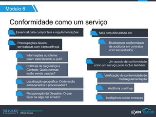 www.pmgacademy.com 
Official Course 
Módulo 6 
Conformidade como um serviço 
Preocupações devem 
ser tratadas com transparência 
Essencial para cumprir leis e regulamentações 
Mas com dificuldade em 
Um acordo de conformidade 
como um serviço pode incluir também: 
Estabelecer conformidade de auditoria em contratos com terceirizados. 
Informações ao cliente: 
quem está fazendo o quê? 
Verificação de conformidade de multiregulamentação 
Auditoria contínua 
Inteligência sobre ameaças 
Políticas de Segurança e Controle: Quais normas estão sendo usadas? 
Localização geográfica: Onde estão armazenados e processados? 
Recuperação do Desastre: O que fazer se algo der errado?  