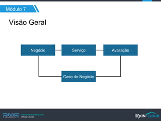 www.pmgacademy.com 
Official Course 
Negócio 
Serviço 
Caso de Negócio 
Avaliação 
Visão Geral 
Módulo 7  