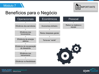www.pmgacademy.com 
Official Course 
Operacionais 
Eficiência dos servidores 
Eficiência dos funcionários 
Eficiência da energia elétrica 
Eficiência da recuperação de desastres 
Eficiência nos treinamento 
Eficiência na flexibilidade 
Econômicos 
Economiza dinheiro 
Reduz despesas gerais 
Torna-se “verde” 
Pessoal 
Reduz ou realoca a equipe 
Benefícios para o Negócio 
Módulo 7 
IMPORTANTE  