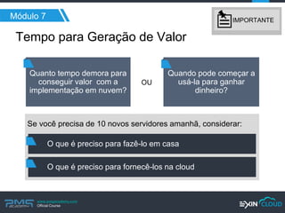 www.pmgacademy.com 
Official Course 
Se você precisa de 10 novos servidores amanhã, considerar: 
OU 
Tempo para Geração de Valor 
Módulo 7 
Quanto tempo demora para conseguir valor com a implementação em nuvem? 
Quando pode começar a usá-la para ganhar dinheiro? 
O que é preciso para fazê-lo em casa 
O que é preciso para fornecê-los na cloud 
IMPORTANTE  