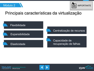 www.pmgacademy.com 
Official Course 
Principais características da virtualização 
Módulo 2 
Flexibilidade 
Expansibilidade 
Elasticidade 
Centralização de recursos 
Capacidade de recuperação de falhas 
IMPORTANTE  