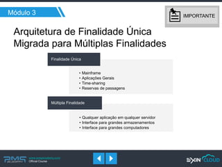 www.pmgacademy.com 
Official Course 
Módulo 3 
•Mainframe 
•Aplicações Gerais 
•Time-sharing 
•Reservas de passagens 
Finalidade Única 
•Qualquer aplicação em qualquer servidor 
•Interface para grandes armazenamentos 
•Interface para grandes computadores 
Múltipla Finalidade 
Arquitetura de Finalidade Única Migrada para Múltiplas Finalidades 
IMPORTANTE  