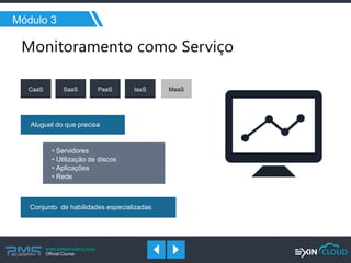 www.pmgacademy.com 
Official Course 
Módulo 3 
MaaS 
CaaS 
SaaS 
PaaS 
IaaS 
MaaS 
•Servidores 
•Utilização de discos 
•Aplicações 
•Rede 
Aluguel do que precisa 
Conjunto de habilidades especializadas  