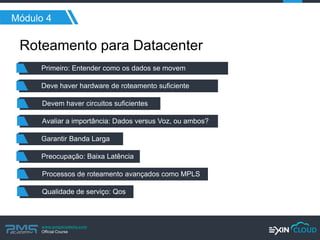 www.pmgacademy.com 
Official Course 
Módulo 4 
Roteamento para Datacenter 
Primeiro: Entender como os dados se movem 
Deve haver hardware de roteamento suficiente 
Devem haver circuitos suficientes 
Avaliar a importância: Dados versus Voz, ou ambos? 
Garantir Banda Larga 
Preocupação: Baixa Latência 
Processos de roteamento avançados como MPLS 
Qualidade de serviço: Qos  