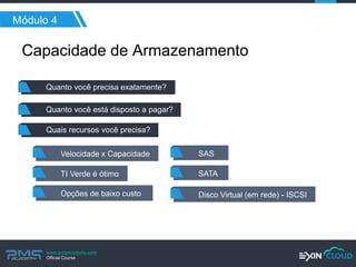 www.pmgacademy.com 
Official Course 
Módulo 4 
Capacidade de Armazenamento 
Quanto você precisa exatamente? 
Quanto você está disposto a pagar? 
Quais recursos você precisa? 
Velocidade x Capacidade 
TI Verde é ótimo 
SAS 
SATA 
Disco Virtual (em rede) - ISCSI 
Opções de baixo custo  