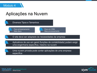 www.pmgacademy.com 
Official Course 
Módulo 4 
Aplicações na Nuvem 
Diversos Tipos e Tamanhos 
O site deve ser adaptado às necessidades da empresa 
Aplicativos de uso em geral (funções de contabilidade) podem exigir uma engenharia específica, mesmo na nuvem 
Uma nuvem privada pode conter aplicações de uma empresa específica 
Para armazenamento: 
Mais disco 
Para um CRM: 
Mais processamento  