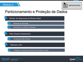 www.pmgacademy.com 
Official Course 
Módulo 4 
Particionamento e Proteção de Dados 
Modelo de Segurança de Brewer Nash 
Barreiras de informação 
Eliminação de conflitos de interesse 
Zoneamento (MAC Adress) 
Proteção em sistemas operacionais e servidores virtuais 
Fiber Chanel (Isolamento) 
Máscara LUN 
IMPORTANTE  