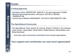 Thanks

Funding Agencies
•  European Union: RESERVOIR 2008-2011, EU grant agreement 215605
•  Ministry Science&Innovation: HPCcloud 2010-2012, MICINN
   TIN2009-07146
•  Community of Madrid: MEADIANET 2010-2013 CAM S2009/TIC-1468


The OpenNebula Community

•  The OpenNebula Team: Ignacio M. Llorente, Ruben S. Montero, Tino Vazquez,
   Javier Fontan, Jaime Melis, Carlos Martín, Rafael Moreno, Daniel Molina, and
   Borja Sotomayor
•  … and many value community contributors from several organizations



Your support and contribution are very much appreciated!



                                                                           17/18
 