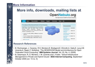 More Information

    More info, downloads, mailing lists at




Research References
•  B. Rochwerger, J. Caceres, R.S. Montero,D. Breitgand,E. Elmroth,A. Galis,E. Levy,I.M.
   Llorente,K. Nagin,Y. Wolfsthal, “The RESERVOIR Model and Architecture for Open
   Federated Cloud Computing”, IBM Systems Journal, Vol. 53, No. 4. (2009)
•  B. Sotomayor, R. S. Montero, I. M. Llorente and I. Foster, “Virtual Infrastructure
   Management in Private and Hybrid Clouds”, IEEE Internet Computing, September/
   October 2009 (vol. 13 no. 5)

                                                                                      18/18
 