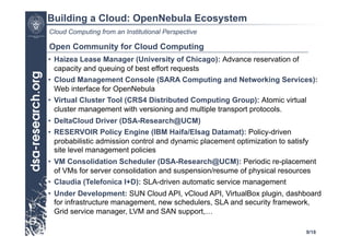 Building a Cloud: OpenNebula Ecosystem
Cloud Computing from an Institutional Perspective

Open Community for Cloud Computing
•  Haizea Lease Manager (University of Chicago): Advance reservation of
   capacity and queuing of best effort requests
•  Cloud Management Console (SARA Computing and Networking Services):
   Web interface for OpenNebula
•  Virtual Cluster Tool (CRS4 Distributed Computing Group): Atomic virtual
   cluster management with versioning and multiple transport protocols.
•  DeltaCloud Driver (DSA-Research@UCM)
•  RESERVOIR Policy Engine (IBM Haifa/Elsag Datamat): Policy-driven
   probabilistic admission control and dynamic placement optimization to satisfy
   site level management policies
•  VM Consolidation Scheduler (DSA-Research@UCM): Periodic re-placement
   of VMs for server consolidation and suspension/resume of physical resources
•  Claudia (Telefonica I+D): SLA-driven automatic service management
•  Under Development: SUN Cloud API, vCloud API, VirtualBox plugin, dashboard
   for infrastructure management, new schedulers, SLA and security framework,
   Grid service manager, LVM and SAN support,…

                                                                               9/18
 