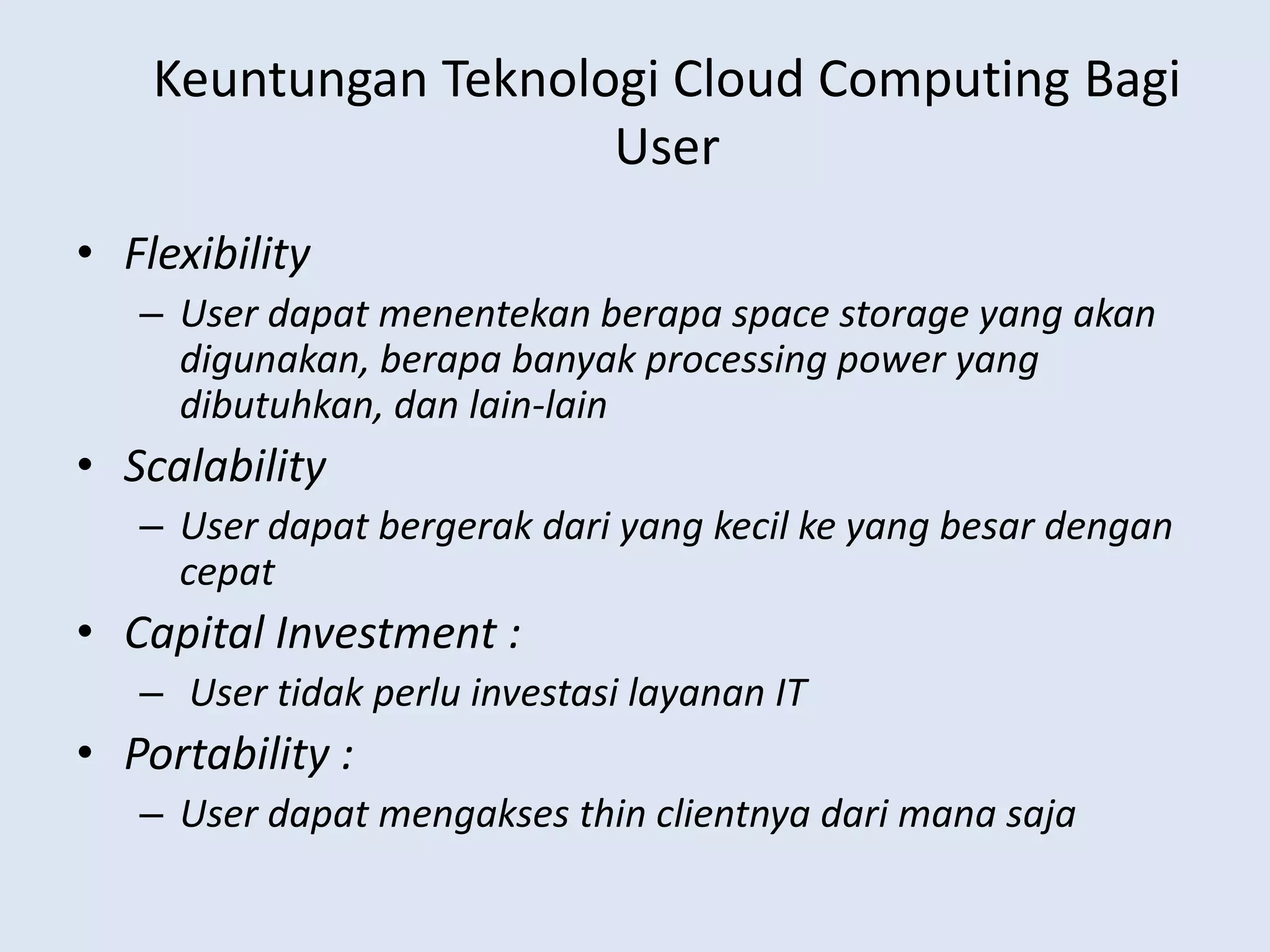 SalahsatupionirdalampenyediaanIaaSiniadalah Amazon.com yang meluncurkan Amazon EC2 (Elastic Computing Cloud). Layanan Amazon EC2 inimenyediakanberbagaipilihanpersewaanmulai CPU, media penyimpanan, dilengkapidengansistemoperasidanjuga platform pengembanganaplikasi yang bisadisewadenganperhitungan jam-jaman. Software as a Services (SaaS)Platform as a Services (PaaS)Infrastructure as a Services (IaaS)