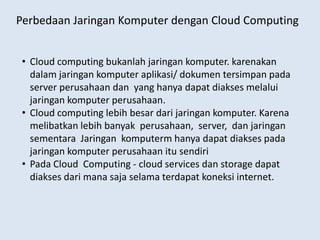 Jadi, community cloud inimerupakan "pengembanganterbatas" dari private cloud. Dan samajugadengan private cloud, infrastruktur cloud yang adabisadi-manage olehsalahsatudariorganisasiitu, ataupunjugaolehpihakketiga. Community Cloud,[object Object],Public Cloud,[object Object],Hybrid Cloud ,[object Object]