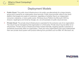 15
What is Cloud Computing?
SESSION 1
Deployment Models
 Public Cloud: The public cloud infrastructure is for public use alternatively for a large industry
group and is owned by an organization cloud services. Public cloud provider refers to the cloud
platform that targets any types of customers, regardless of whether they’re an independent
consumer, enterprise, or even public sector. Windows Azure Platform by Microsoft, AWS by
Amazon, AppEngine and Gmail by Google, etc. are all examples of public cloud services.
 Private Cloud: The private cloud infrastructure is operated for the exclusive use of an organization.
The cloud may be managed by that organization or a third party. Private cloud may be either on-or
off premises. Private cloud is infrastructure that’s hosted internally, targeting specific customers or
sometimes exclusively within an organization. There are many organizations who have implemented
their own private cloud system with product offering from providers such as IBM, HP, Microsoft, etc.
 