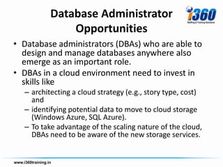 Database Administrator
              Opportunities
• Database administrators (DBAs) who are able to
  design and manage databases anywhere also
  emerge as an important role.
• DBAs in a cloud environment need to invest in
  skills like
  – architecting a cloud strategy (e.g., story type, cost)
    and
  – identifying potential data to move to cloud storage
    (Windows Azure, SQL Azure).
  – To take advantage of the scaling nature of the cloud,
    DBAs need to be aware of the new storage services.
 