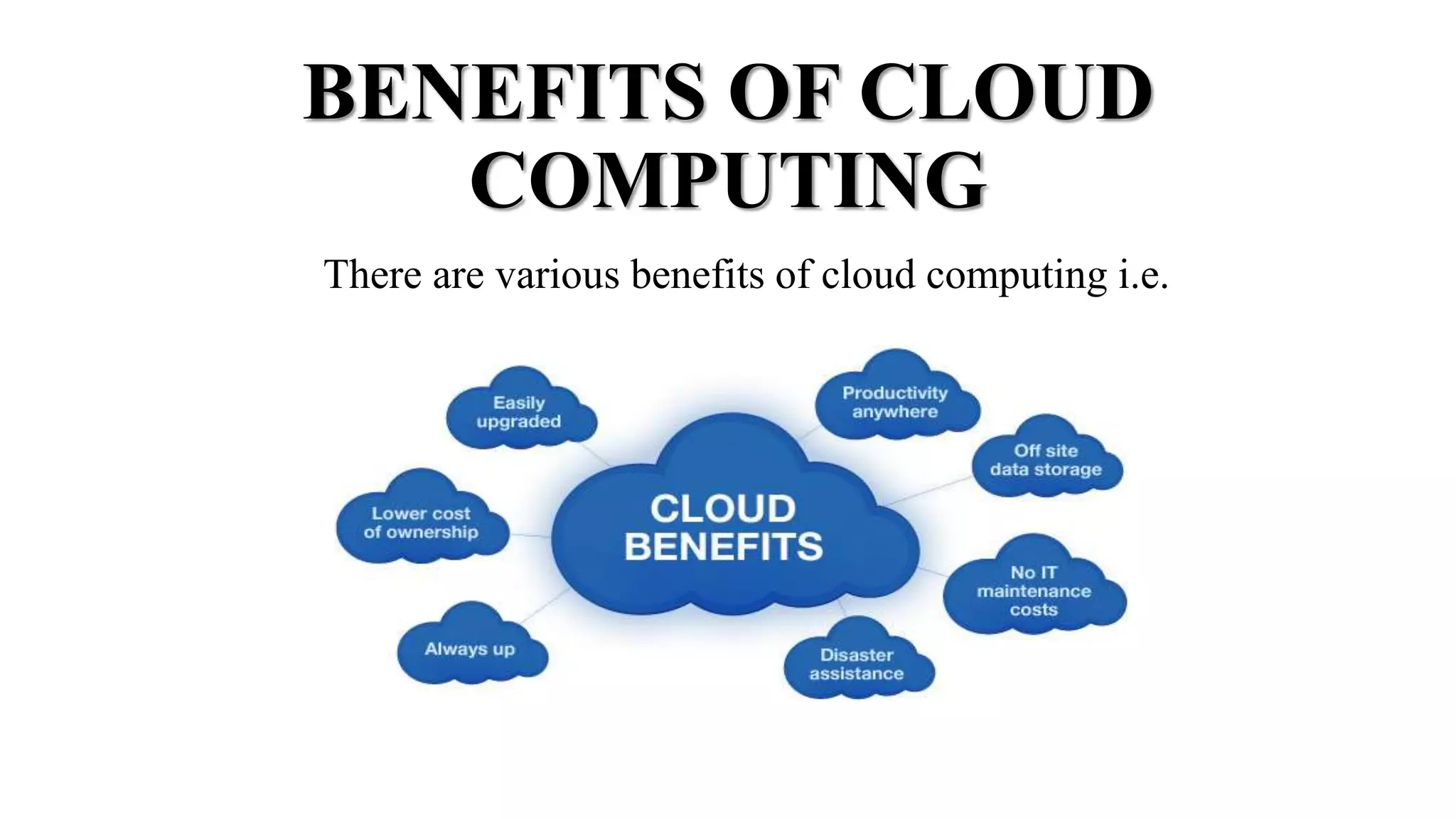 BENEFITS OF CLOUD
COMPUTING
There are various benefits of cloud computing i.e.
 