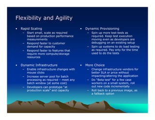 Flexibility and Agility
•   Rapid Scaling                           •   Dynamic Provisioning
     – Start small, scale as required            – Spin up more test-beds as
       based on production performance             required. Keep test execution
       measurements                                moving even as developers are
     – Respond faster to customer                  debugging on an existing setup
       demand for capacity                       – Spin up systems to do load testing
     – Respond faster to features that             as required. Pay only for the time
       require more compute/storage                used to do the tests
       resources

•   Dynamic Infrastructure                  •   More Choice
     – Enable infrastructure changes with        – Change infrastructure vendors for
       mouse clicks                                better SLA or price without
     – Increase server pool for batch              impacting/altering the application
       processing as required – meet any         – Do “Beta test” for a few case
       batch window (at some cost)                 workers on a small system, roll
     – Developers can prototype “at                out new code incrementally
       production scale” and capacity            – Roll back to a previous image, as
                                                   a fallback option
 