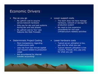 Economic Drivers
•   Pay as you go                           •   Lower support costs
     – No upfront cost to acquire                – The team does not have manage
       server/network hardware                     hardware, network or storage for
     – Only pay for dev and test systems           production system
       during dev and test phases                – No need to hire expensive
     – No upfront cost to “try” new                consultants for non-core
       features like Web Firewalls                 (infrastructure related) activities




•   Deterministic Project Costing           •   Lower hardware costs
     – More transparency regarding               – Typical server utilization is low,
       infrastructure costs                        pay only for what you use
     – Less risk from last minute capital        – Typical network utilization is low
       cost request related to production          (routers, firewall, etc), pay only
       usage                                       for what you use
     – Not encumbered by internal
       transfer accounting!
 