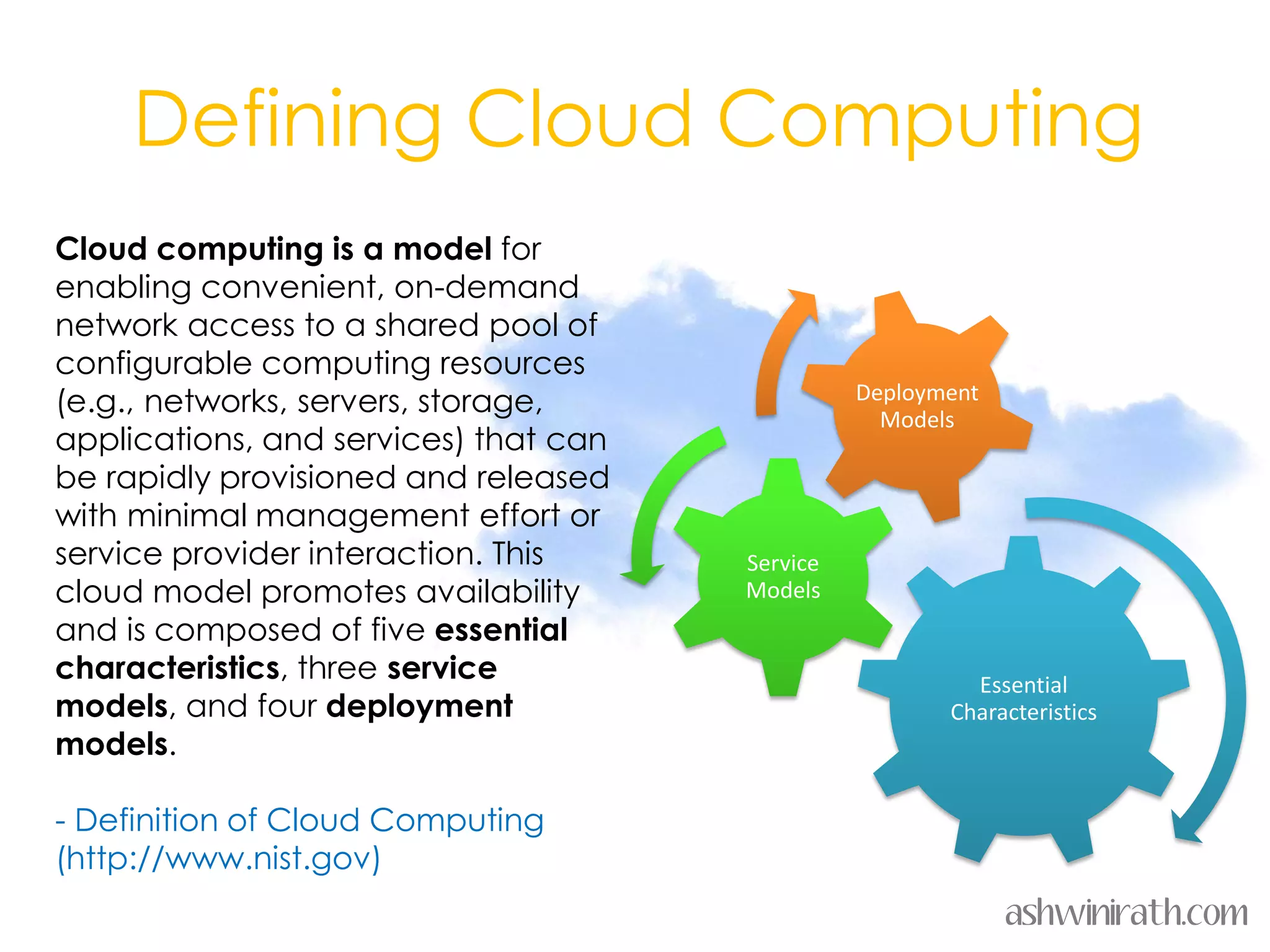 Defining Cloud Computing
Cloud computing is a model for
enabling convenient, on-demand
network access to a shared pool of
configurable computing resources
(e.g., networks, servers, storage,               Deployment
                                                   Models
applications, and services) that can
be rapidly provisioned and released
with minimal management effort or
service provider interaction. This     Service
cloud model promotes availability      Models
and is composed of five essential
characteristics, three service                            Essential
models, and four deployment                             Characteristics
models.

- Definition of Cloud Computing
(http://www.nist.gov)
                                                              ashwinirath.com
 