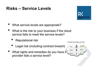 Risks – Service Levels
• What service levels are appropriate?
• What is the risk to your business if the cloud
service fails to meet the service levels?
• Reputational risk
• Legal risk (including contract breach)
• What rights and remedies do you have if
provider fails a service level?
 