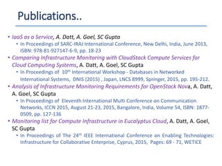 Publications..
• IaaS as a Service, A. Datt, A. Goel, SC Gupta
• In Proceedings of SARC-IRAJ International Conference, New Delhi, India, June 2013,
ISBN: 978-81-927147-6-9, pp. 18-23
• Comparing Infrastructure Monitoring with CloudStack Compute Services for
Cloud Computing Systems, A. Datt, A. Goel, SC Gupta
• In Proceedings of 10th International Workshop - Databases in Networked
International Systems, DNIS (2015) , Japan, LNCS 8999, Springer, 2015, pp. 195-212.
• Analysis of Infrastructure Monitoring Requirements for OpenStack Nova, A. Datt,
A. Goel, SC Gupta
• In Proceedings of Eleventh International Multi Conference on Communication
Networks, ICCN 2015, August 21-23, 2015, Bangalore, India, Volume 54, ISBN: 1877-
0509, pp. 127-136
• Monitoring list for Compute Infrastructure in Eucalyptus Cloud, A. Datt, A. Goel,
SC Gupta
• In Proceedings of The 24th IEEE International Conference on Enabling Technologies:
Infrastructure for Collaborative Enterprise, Cyprus, 2015, Pages: 69 - 71, WETICE
 