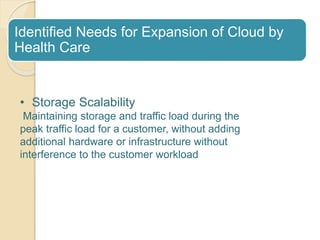 Identified Needs for Expansion of Cloud by
Health Care
• Storage Scalability
Maintaining storage and traffic load during the
peak traffic load for a customer, without adding
additional hardware or infrastructure without
interference to the customer workload
 