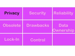 Privacy     Security   Reliability

Obsolete   Drawbacks     Data
                       Ownership

Lock-In     Control
 