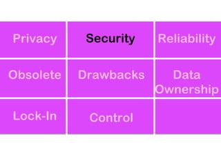 Privacy     Security   Reliability

Obsolete   Drawbacks     Data
                       Ownership

Lock-In     Control
 