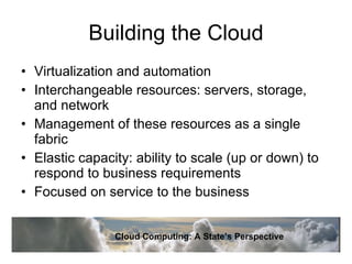 Building the Cloud Virtualization and automation Interchangeable resources: servers, storage, and network Management of these resources as a single fabric Elastic capacity: ability to scale (up or down) to respond to business requirements Focused on service to the business Cloud Computing: A State’s Perspective 