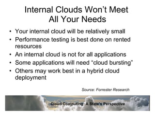 Internal Clouds Won’t Meet  All Your Needs Your internal cloud will be relatively small Performance testing is best done on rented resources An internal cloud is not for all applications  Some applications will need “cloud bursting” Others may work best in a hybrid cloud deployment Source: Forrester Research Cloud Computing: A State’s Perspective 