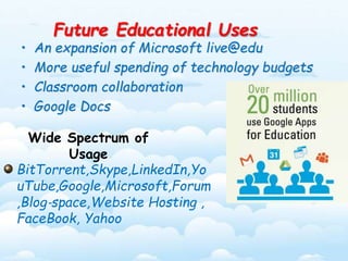Future Educational Uses 
• An expansion of Microsoft live@edu 
• More useful spending of technology budgets 
• Classroom collaboration 
• Google Docs 
Wide Spectrum of 
Usage 
BitTorrent,Skype,LinkedIn,Yo 
uTube,Google,Microsoft,Forum 
,Blog‐space,Website Hosting , 
FaceBook, Yahoo 
 