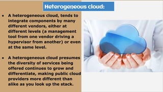 Heterogeneous cloud:
● A heterogeneous cloud, tends to
integrate components by many
different vendors, either at
different levels (a management
tool from one vendor driving a
hypervisor from another) or even
at the same level.
● A heterogeneous cloud presumes
the diversity of services being
offered continues to grow and
differentiate, making public cloud
providers more different than
alike as you look up the stack.
 