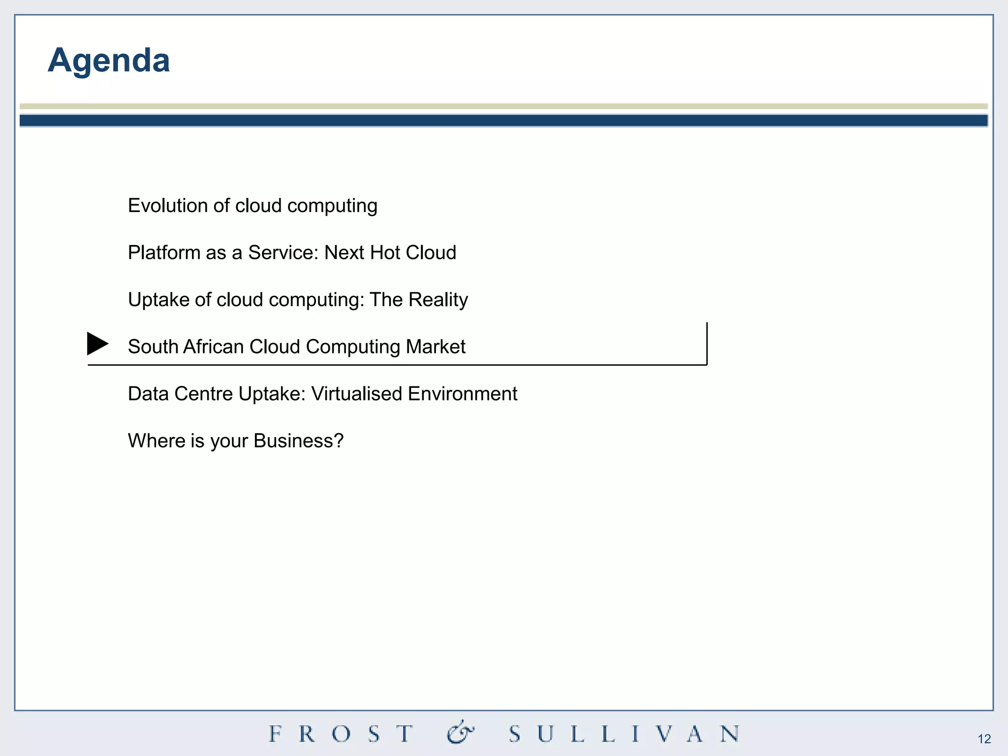 Agenda



   Evolution of cloud computing

   Platform as a Service: Next Hot Cloud

   Uptake of cloud computing: The Reality

   South African Cloud Computing Market

   Data Centre Uptake: Virtualised Environment

   Where is your Business?




                                                 12
 