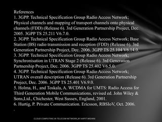 References
1. 3GPP. Technical Specification Group Radio Access Network;
Physical channels and mapping of transport channels onto physical
channels (FDD) (Release 6). 3rd Generation Partnership Project, Dec.
2005. 3GPP TS 25.211 V6.7.0.
2. 3GPP. Technical Specification Group Radio Access Network; Base
Station (BS) radio transmission and reception (FDD) (Release 6). 3rd
Generation Partnership Project, Dec. 2006. 3GPP TS 25.104 V6.14.0.
3. 3GPP. Technical Specification Group Radio Access Network;
Synchronisation in UTRAN Stage 2 (Release 6). 3rd Generation
Partnership Project, Dec. 2006. 3GPP TS 25.402 V6.5.0.
4. 3GPP. Technical Specification Group Radio Access Network;
UTRAN overall description (Release 6). 3rd Generation Partnership
Project, Dec. 2006. 3GPP TS 25.401 V6.9.0.
5. Holma, H., and Toskala, A. WCDMA for UMTS: Radio Access for
Third Generation Mobile Communications, revised ed. John Wiley &
Sons,Ltd., Chichester, West Sussex, England, 2001.
6. Hurtig, P. Private Communication. Ericsson, RBSIoV, Oct. 2006.
.
 