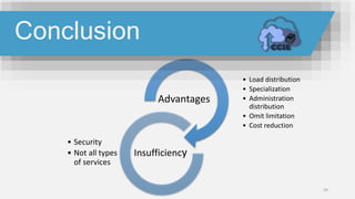 • Load distribution
• Specialization
• Administration
distribution
• Omit limitation
• Cost reduction
Advantages
• Security
• Not all types
of services
Insufficiency
29
Conclusion
 
