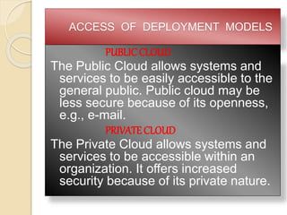 ACCESS OF DEPLOYMENT MODELS
PUBLIC CLOUD
The Public Cloud allows systems and
services to be easily accessible to the
general public. Public cloud may be
less secure because of its openness,
e.g., e-mail.
PRIVATE CLOUD
The Private Cloud allows systems and
services to be accessible within an
organization. It offers increased
security because of its private nature.
 