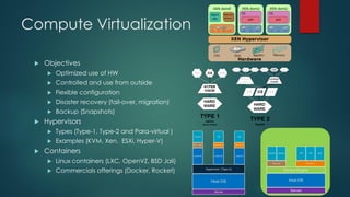 Compute Virtualization
 Objectives
 Optimized use of HW
 Controlled and use from outside
 Flexible configuration
 Disaster recovery (fail-over, migration)
 Backup (Snapshots)
 Hypervisors
 Types (Type-1, Type-2 and Para-virtual )
 Examples (KVM, Xen, ESXi, Hyper-V)
 Containers
 Linux containers (LXC, OpenVZ, BSD Jail)
 Commercials offerings (Docker, Rocket)
 