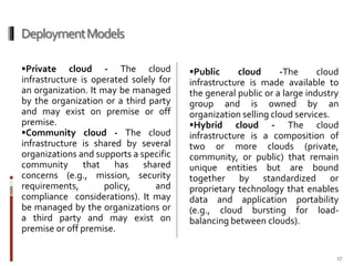 Deployment Models
Private

cloud - The cloud
infrastructure is operated solely for
an organization. It may be managed
by the organization or a third party
and may exist on premise or off
premise.
Community cloud - The cloud
infrastructure is shared by several
organizations and supports a specific
community that has shared
concerns (e.g., mission, security
requirements,
policy,
and
compliance considerations). It may
be managed by the organizations or
a third party and may exist on
premise or off premise.

Public

cloud
-The
cloud
infrastructure is made available to
the general public or a large industry
group and is owned by an
organization selling cloud services.
Hybrid cloud - The cloud
infrastructure is a composition of
two or more clouds (private,
community, or public) that remain
unique entities but are bound
together by standardized or
proprietary technology that enables
data and application portability
(e.g., cloud bursting for loadbalancing between clouds).

17

 